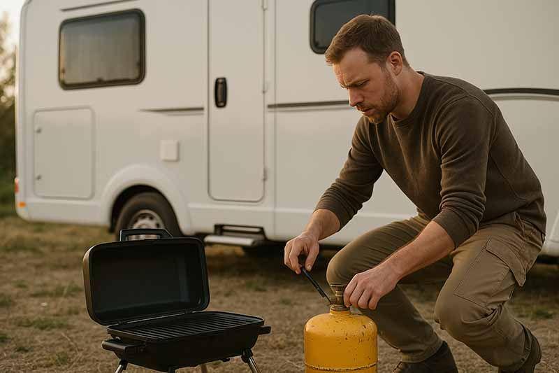 Gas Koffergrill beim Anschluss an die Gasflasche