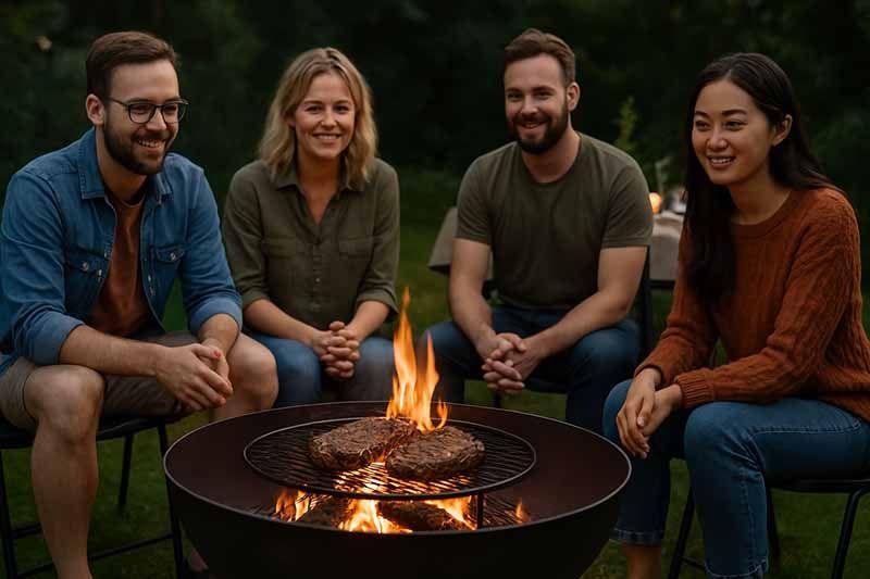 An einer Grill Feuerschale können Sie sich wärmen und zusätzlich noch ein Grillessen zubereiten